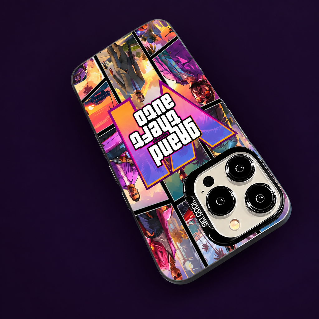 Phone case on a dark-purple background with the hand removed